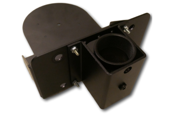 Black pole adaptor for PTZ camera mounting with open hinge design.