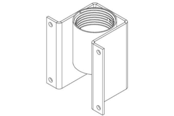 Line drawing of a cylindrical pole adaptor with mounting flanges.