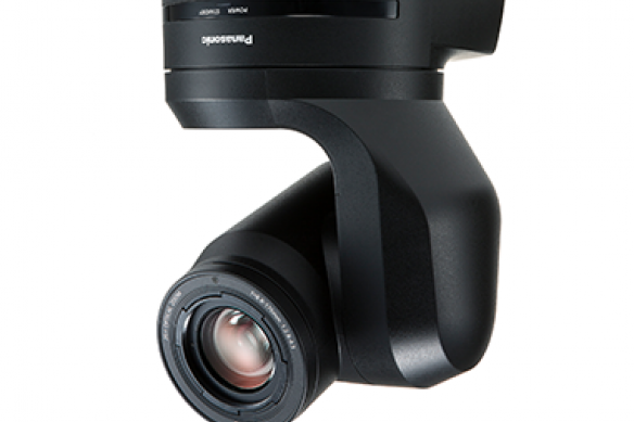Black professional PTZ camera with visible lens and branding.