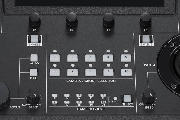 Gros plan d'un contrôleur de caméra à distance à écran tactile avec boutons étiquetés et cadrans.
