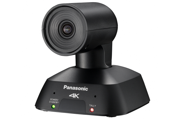 Black Panasonic 4K PTZ camera with visible lens and control buttons.