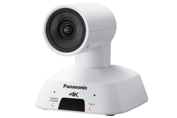 White Panasonic 4K PTZ camera with visible lens and control labels.
