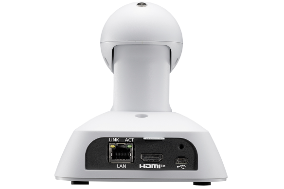 Back view of a 4K PTZ camera showing LAN, HDMI, and USB ports.
