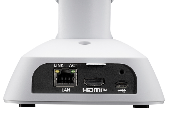 Back view of a 4K PTZ camera showing LAN, HDMI, and USB ports.