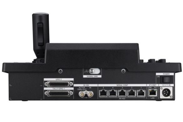 Contrôleur de caméra à distance noire avec plusieurs ports et antenne.