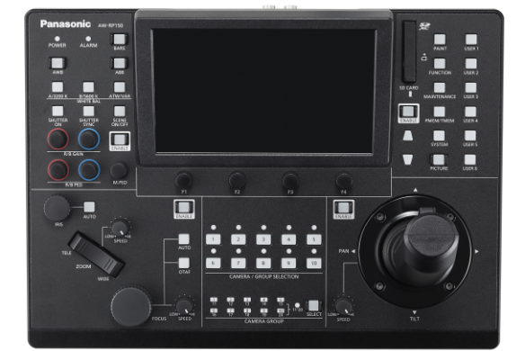 Contrôleur de caméra à distance à écran tactile noir avec différents boutons et cadrans.