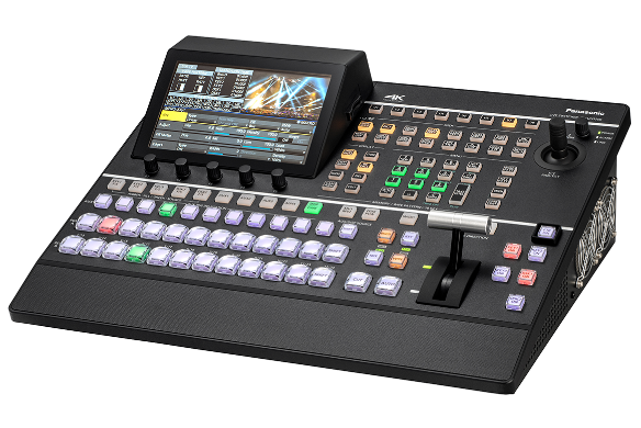 Professional live video production switcher with multiple buttons and display screen.