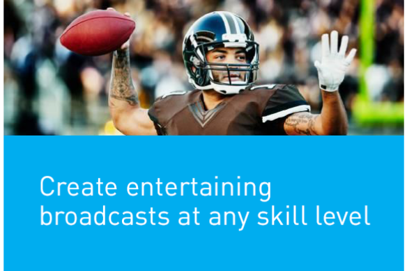 Joueur de football en action, tenant une balle, avec du texte "Créer des émissions de divertissement à n'importe quel niveau de compétence" ci-dessous.