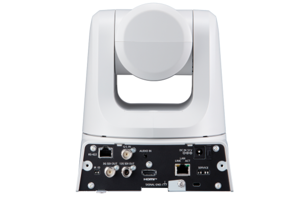 Vue arrière d'une caméra AW-UE100 blanche montrant les ports d'entrée et les connexions.