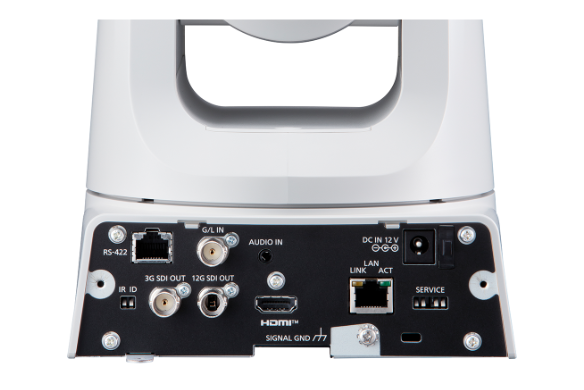 Vue arrière d'un périphérique blanc montrant divers ports d'entrée.