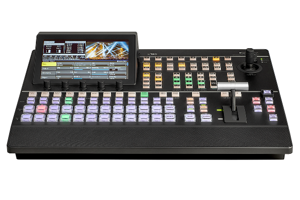 Professional live video production switcher with integrated display and control buttons.