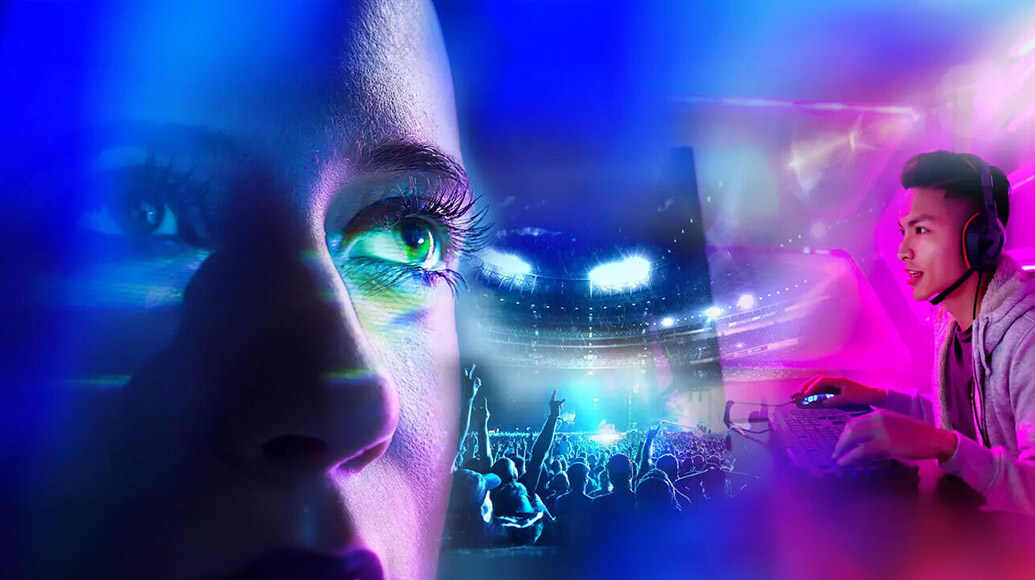 Jumping crowd in the background with superimposed images of a DJ on a keyboard on the right and a close-up of a woman’s eyes on the left.